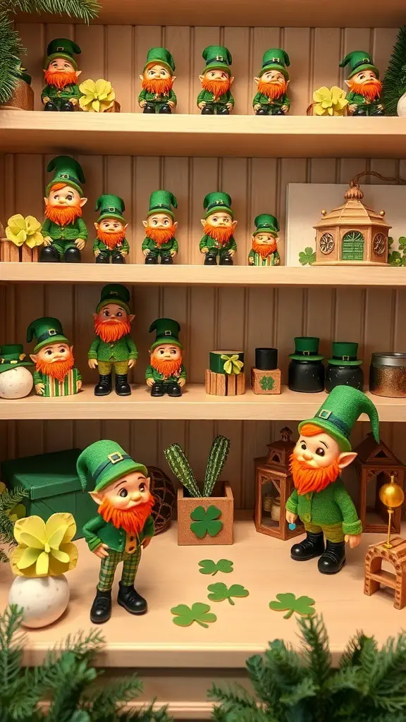 A collection of miniature leprechaun figurines in green outfits and orange beards displayed on shelves with decorative items.