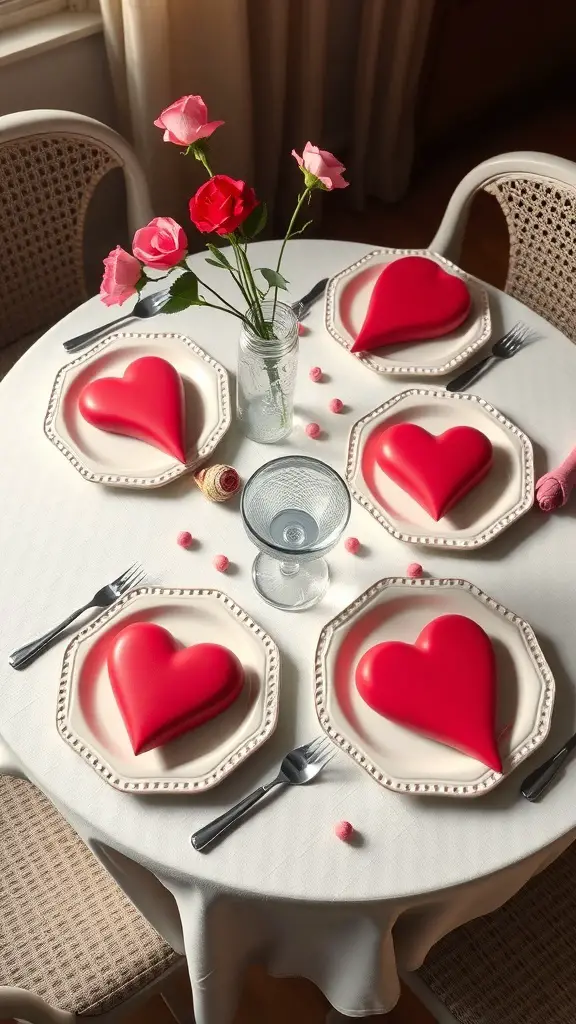 A round table set with heart-shaped plates, fresh roses, and pink candies for a Galentine's celebration.