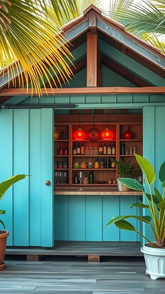 27+ Creative Party Shed Ideas 12 A tropical shed with a blue exterior, wooden accents, and a bar area filled with colorful bottles, surrounded by greenery.