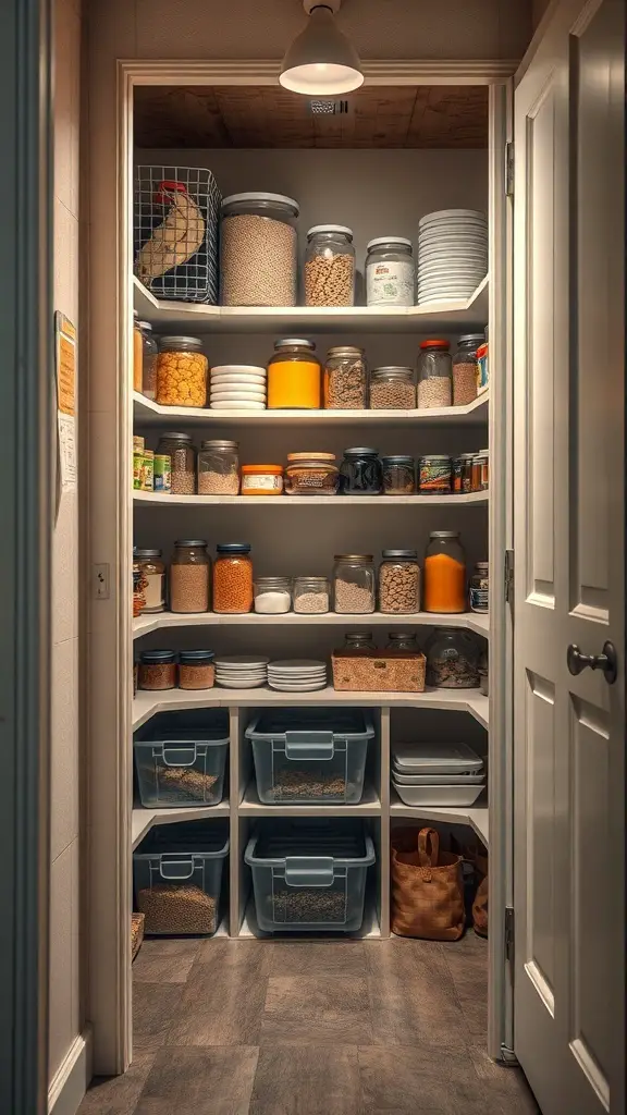 A well-organized small pantry with shelves filled with jars, containers, and bins.