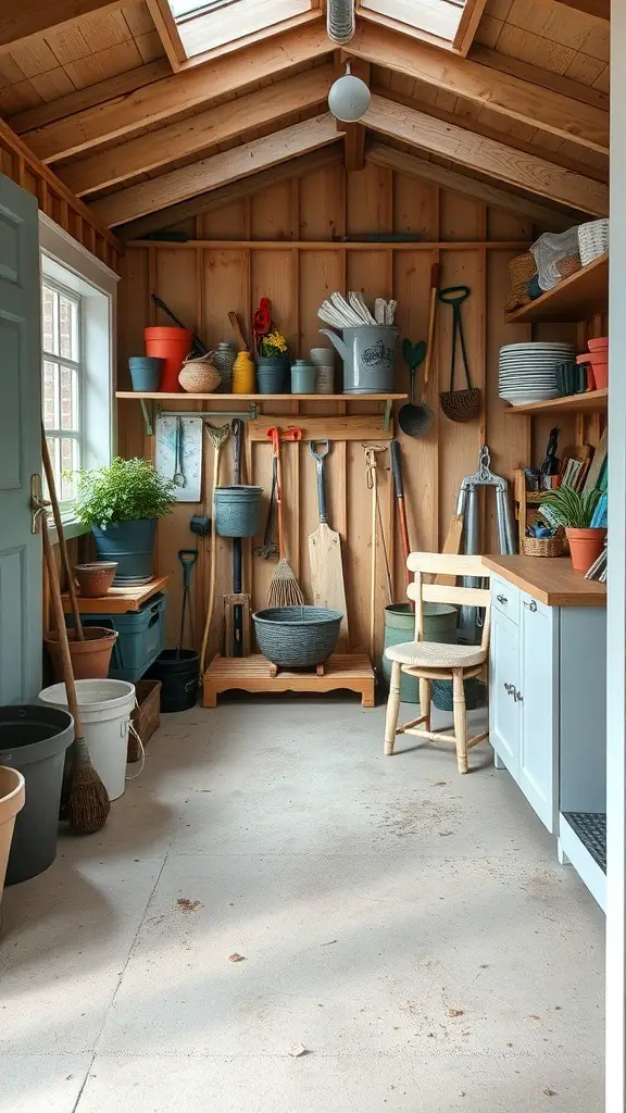 A clean and organized potting shed with tools, pots, and plants neatly arranged.