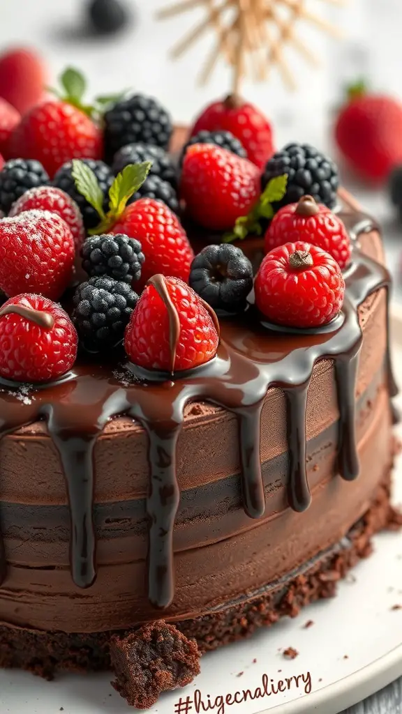 A rich chocolate cake topped with fresh berries and chocolate ganache.