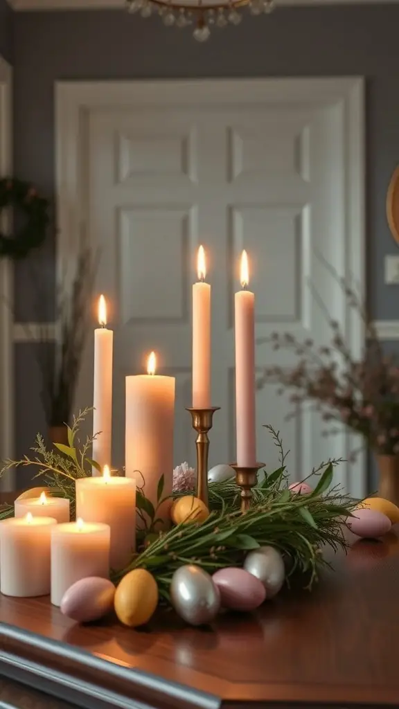A decorative Easter candle arrangement with various candles and colorful eggs on a table.