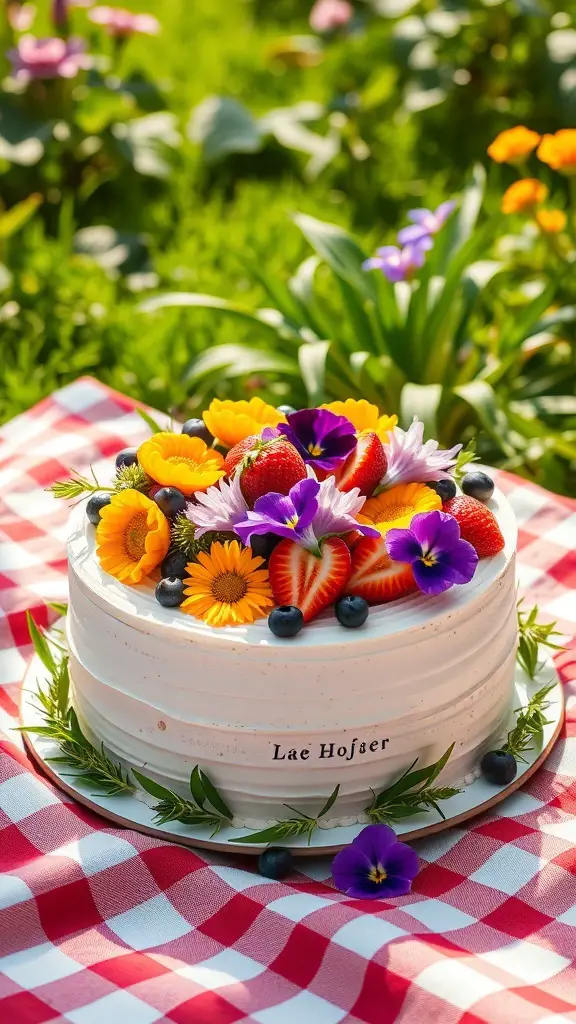 A beautifully decorated fruit and flower cake on a picnic blanket