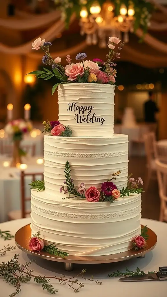 A three-tier wedding cake decorated with wildflowers and a 'Happy Wedding' sign.