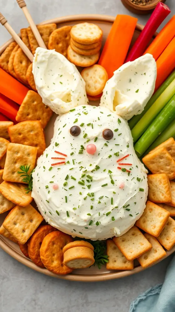 A bunny-shaped cheese ball surrounded by crackers and colorful vegetables.