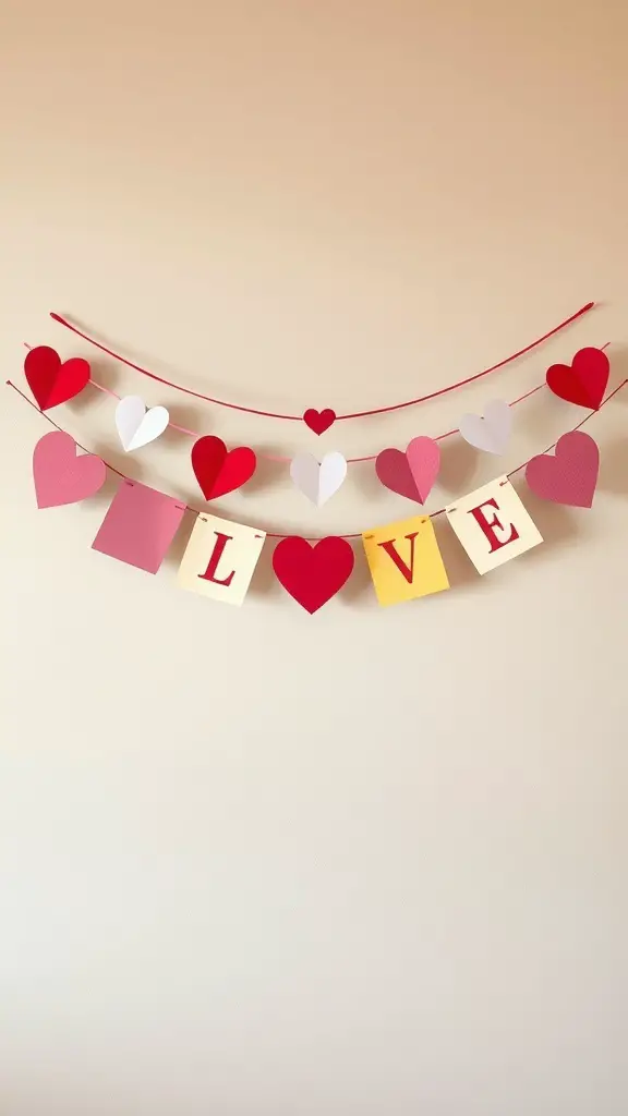 A colorful handmade banner with hearts and letters spelling 'LOVE'
