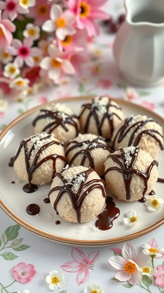 A plate of chocolate coconut macaroons drizzled with chocolate, surrounded by flowers.