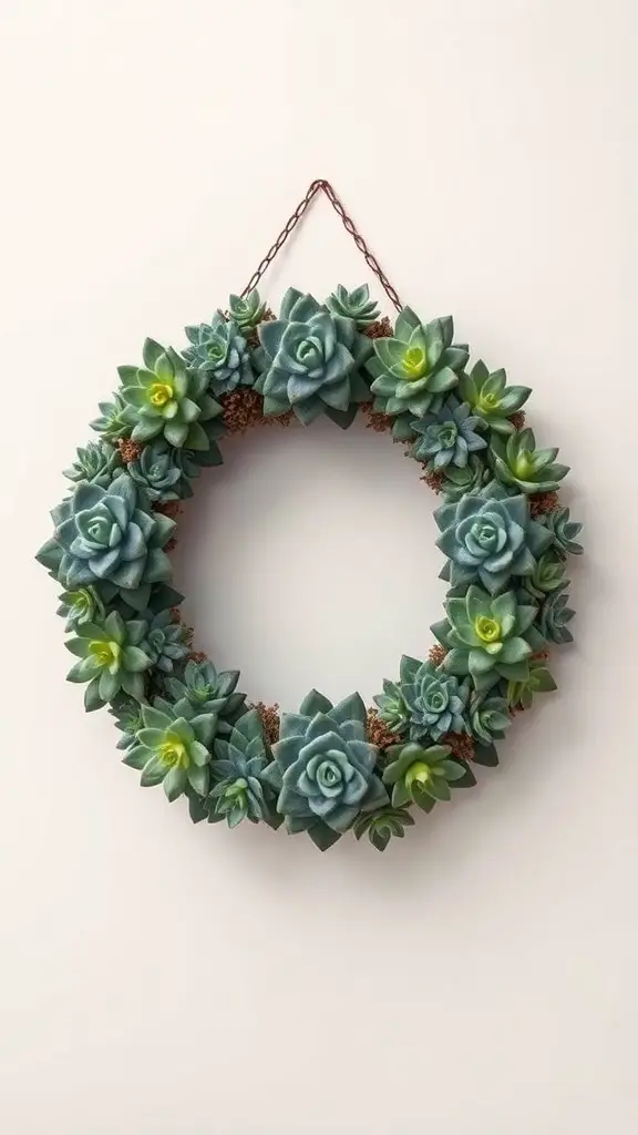 A circular wreath made of various green succulents, showcasing a blend of textures and shades.