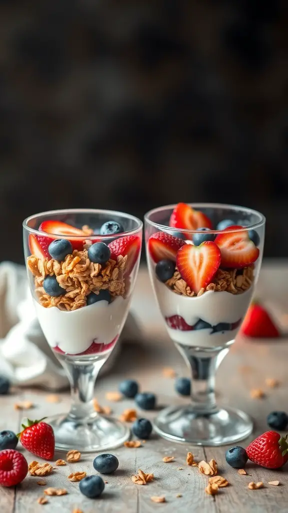 Two fruit and yogurt parfaits in glasses, layered with granola, strawberries, and blueberries.