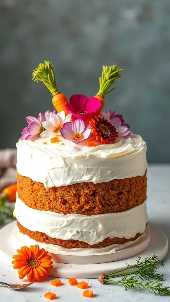 A layered carrot cake with cream cheese frosting topped with flowers and decorative carrots.