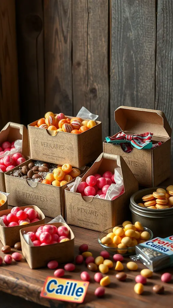 29+ Charming Vintage Valentine Decorations for Your Home 9 A collection of vintage candy boxes filled with colorful sweets on a wooden table.