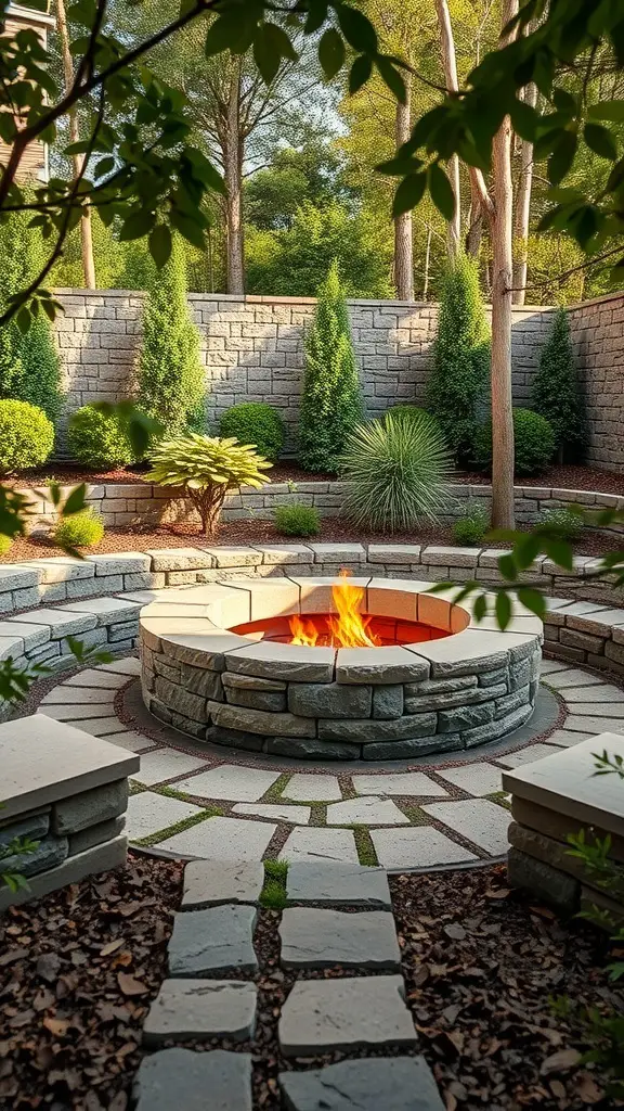 A sunken fire pit area surrounded by stone seating and greenery.