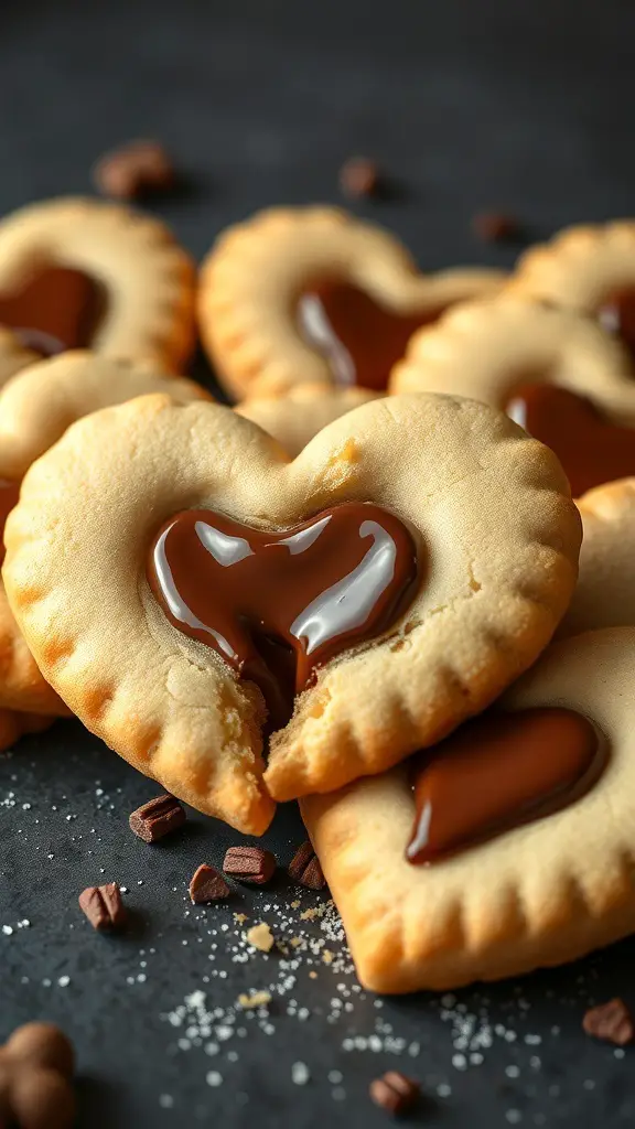 A close-up of heart-shaped cookies with Nutella filling, showcasing their golden edges and chocolate center.