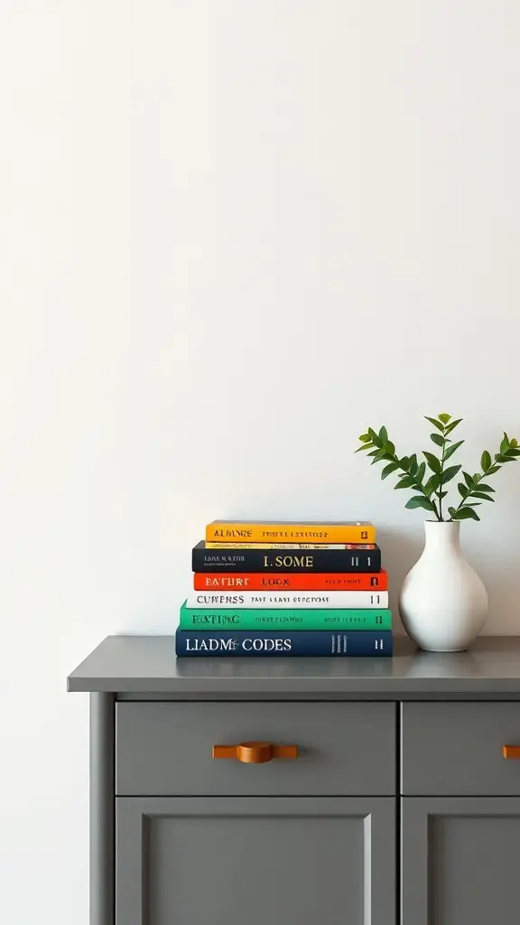 27+ Stunning Console Table Decor Ideas You Need to Try 6 A stack of colorful books on a gray console table with a small plant in a vase.
