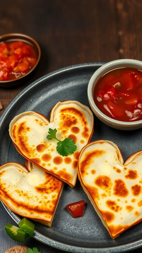 Heart-shaped cheesy quesadillas on a plate with salsa