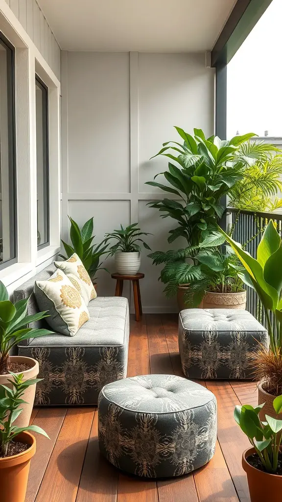 29+ Creative Balcony Storage Ideas 15 A cozy balcony featuring storage ottomans and lush greenery.