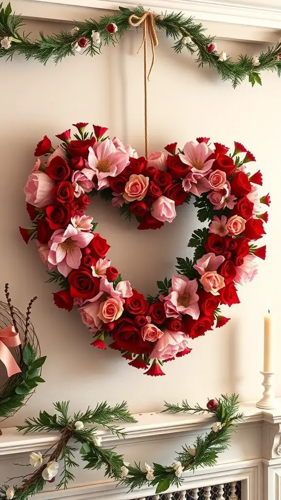 A heart-shaped wreath made of red and pink flowers, hanging on a wall with greenery and candles nearby.