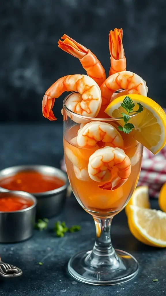 A shrimp cocktail served in a glass with spicy sauce and lemon slices
