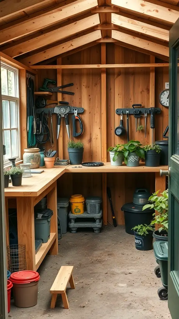 Interior of a garden shed featuring a wooden workbench with tools and potted plants.