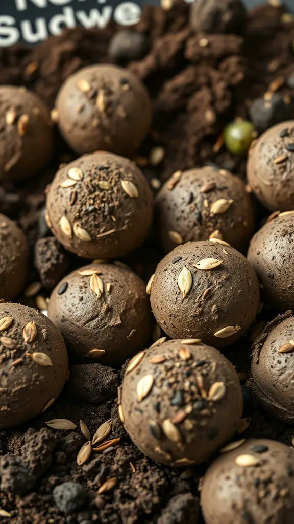 A close-up of homemade seed bombs made from clay, compost, and seeds, resting on dark soil.