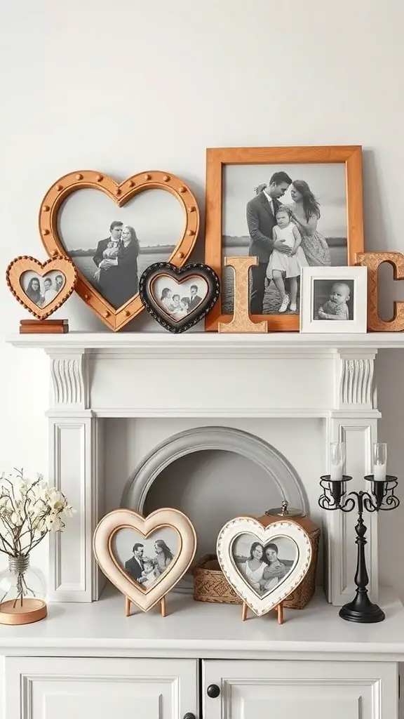 29+ Charming Vintage Valentine Decorations for Your Home 11 A display of heart-shaped photo frames on a mantel, featuring family photos and decorative elements.