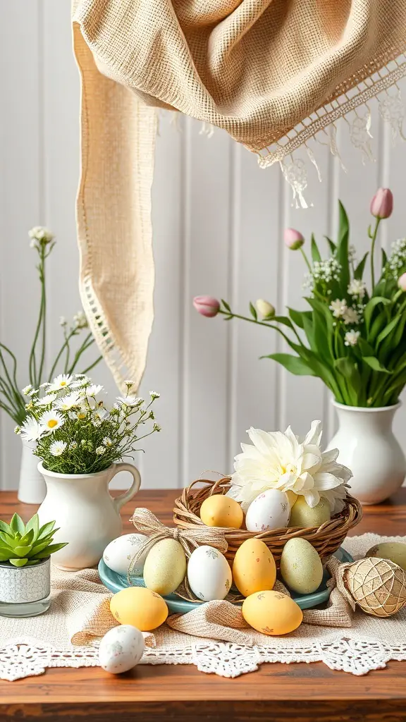 A rustic Easter table setting with burlap and lace decor, featuring pastel eggs and fresh flowers.