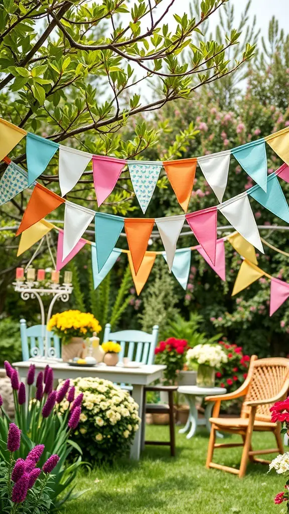 Colorful fabric bunting banners hanging in a garden setting with flowers and a table.