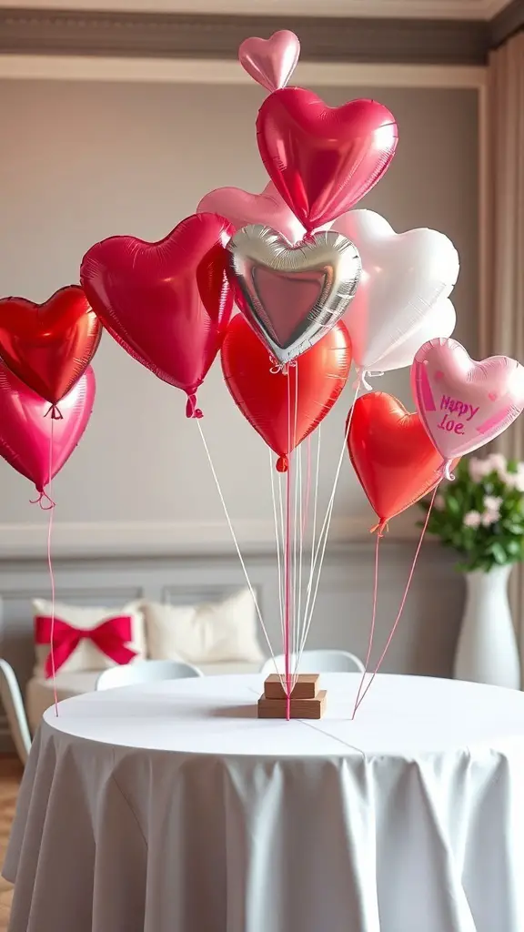 23+ Stunning Valentine's Day Centerpiece Ideas for a Romantic Atmosphere 15 A colorful arrangement of heart-shaped balloons in red, pink, and silver, set on a table with a white tablecloth.