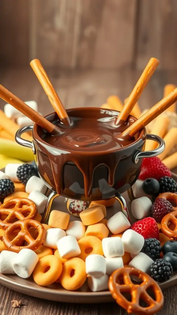 A pot of chocolate fondue surrounded by various dippable treats like fruits, marshmallows, and pretzels.