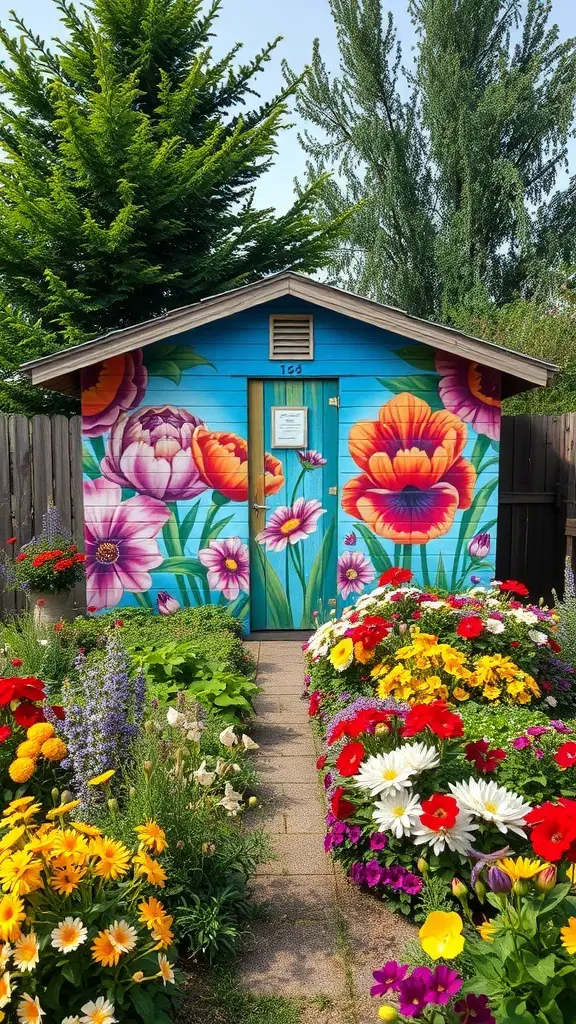 A colorful shed with a floral mural surrounded by vibrant flowers in a garden.