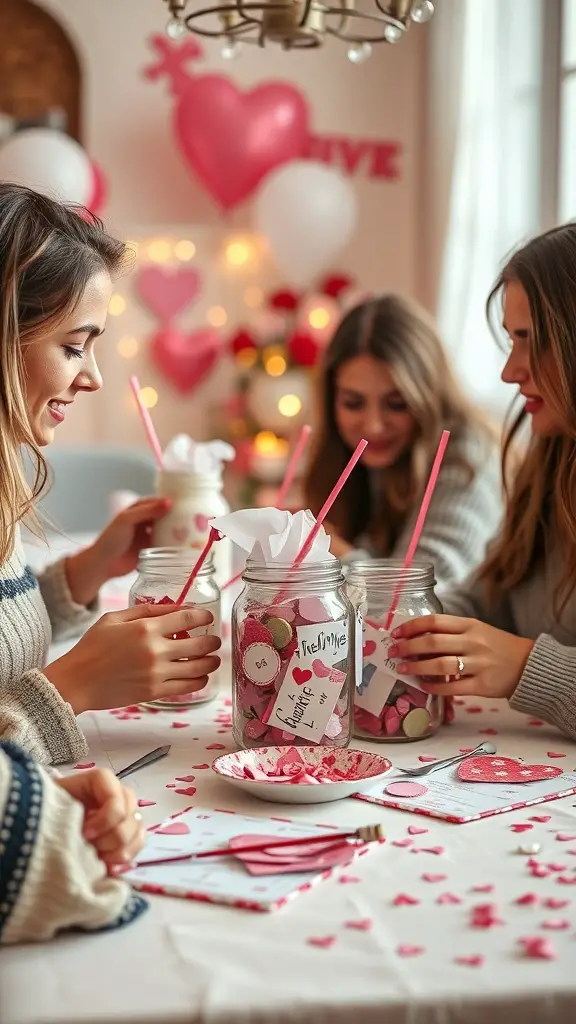 Friends creating Friendship Jars at a Galentine's party