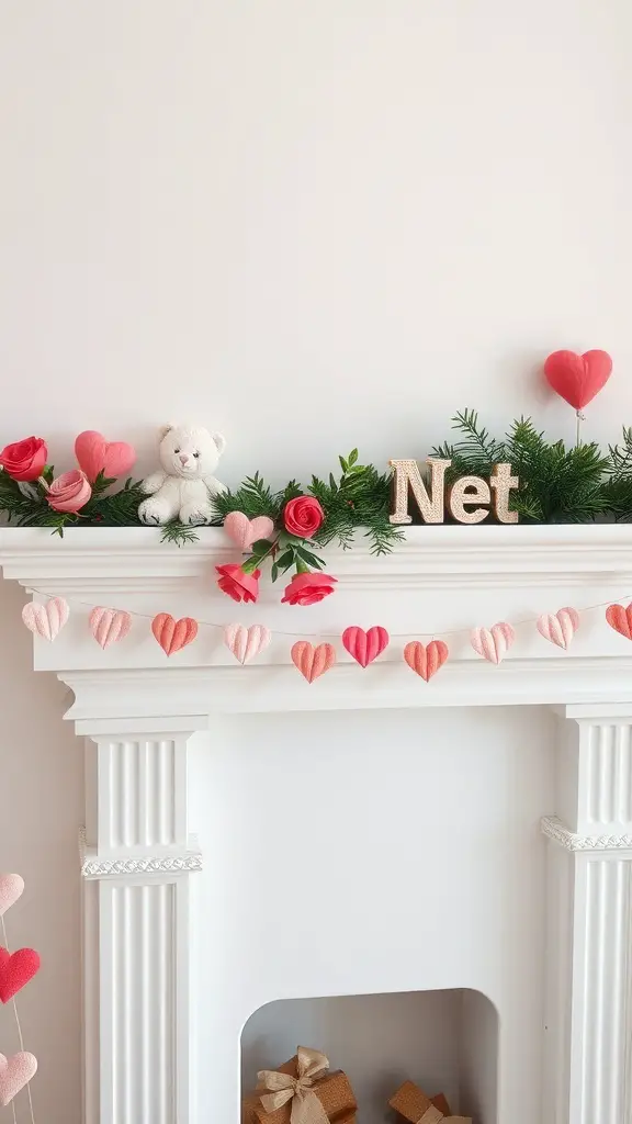 A mantle decorated with heart garlands, roses, and a teddy bear for Valentine's Day.