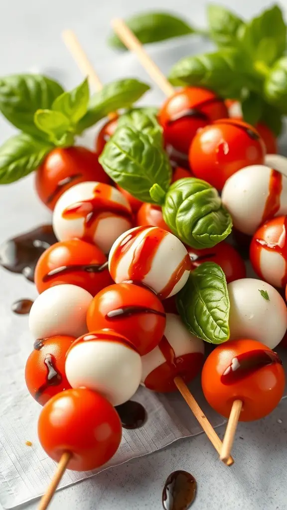 45+ Creative Mother's Day Brunch Ideas 15 Caprese salad skewers with cherry tomatoes, mozzarella, and basil drizzled with balsamic glaze