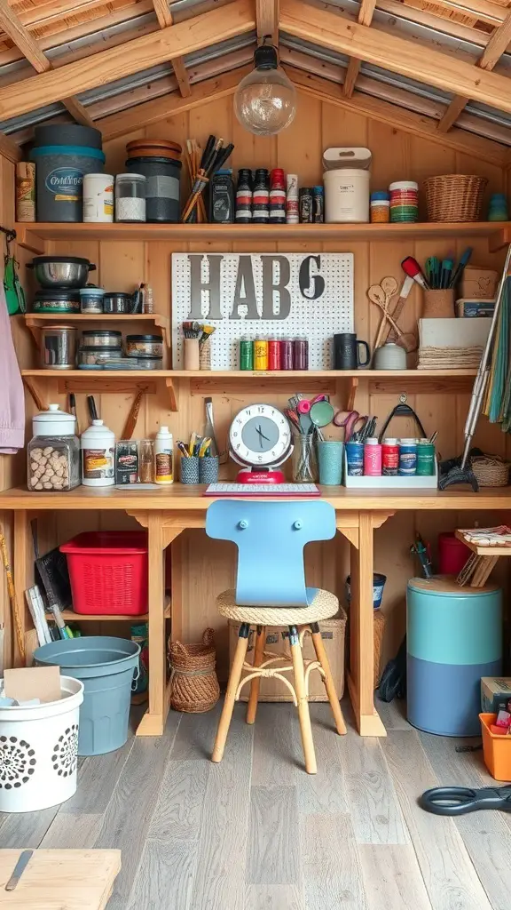 A cozy craft station in a she shed with organized shelves, colorful storage bins, and a wooden desk.