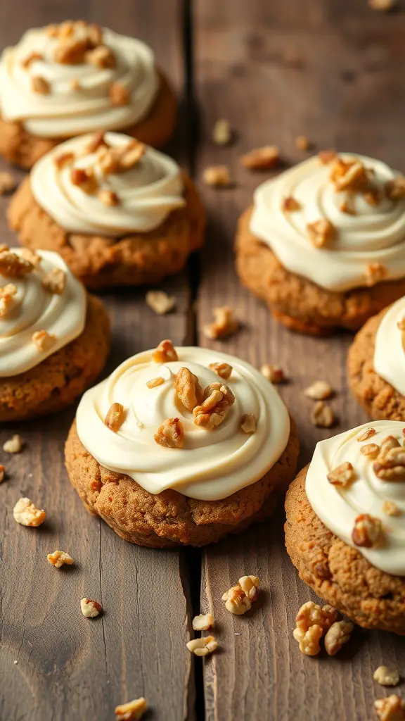 Delicious carrot cake cookies topped with cream cheese frosting and walnuts on a wooden surface.