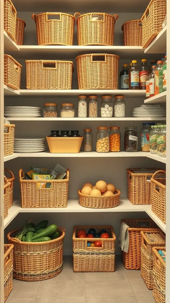 29+ Creative Small Pantry Ideas to Maximize Space 15 A well-organized pantry featuring various woven baskets on shelves, filled with food items and jars.