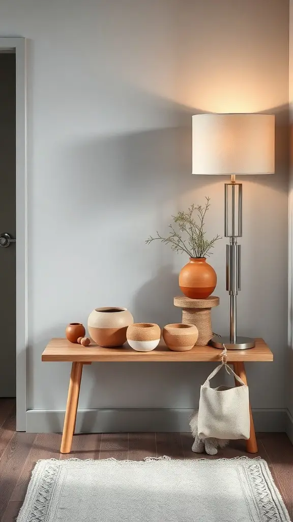 An entryway table with layered textures featuring wooden table, ceramic pots, a lamp, and a soft rug.