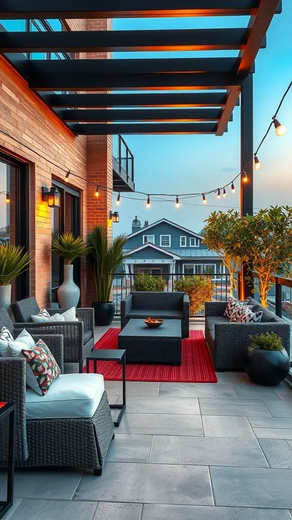 Chic outdoor lounge with stylish furniture, plants, and warm lighting on a balcony.