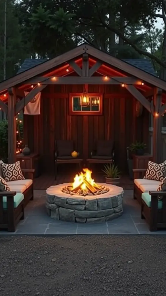 27+ Creative Party Shed Ideas 7 Cozy fire pit retreat with seating and warm lighting