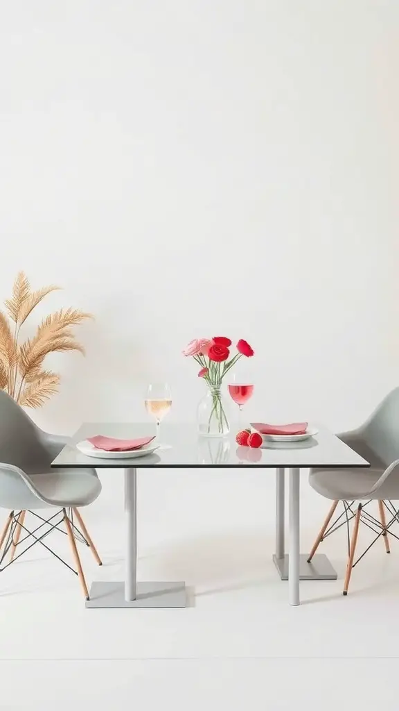 A modern minimalist Valentine's Day tablescape featuring a glass table, pink flowers, and elegant glassware.