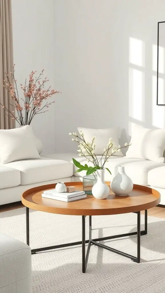 A minimalist coffee table decor with a round wooden table, white vases, and delicate flowers.