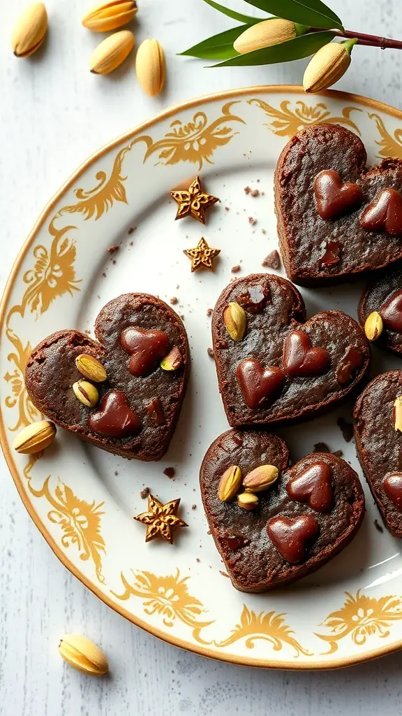 Heart-shaped brownies topped with chocolate hearts and pistachios on a decorative plate.