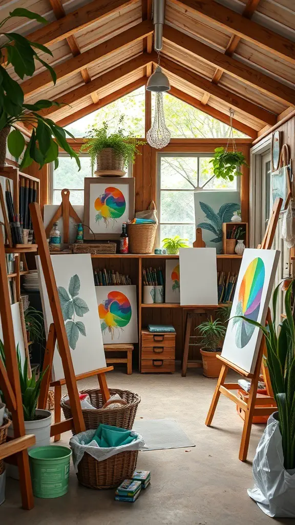 27+ Creative Party Shed Ideas 4 A cozy art studio party shed with easels, colorful paintings, and plants.