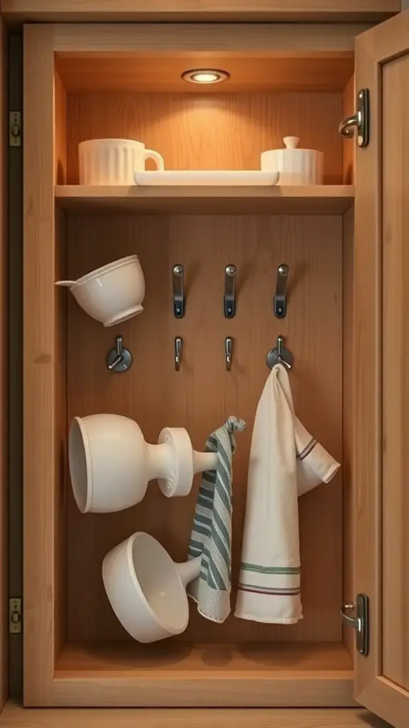 Organized kitchen cabinet with hooks and shelves