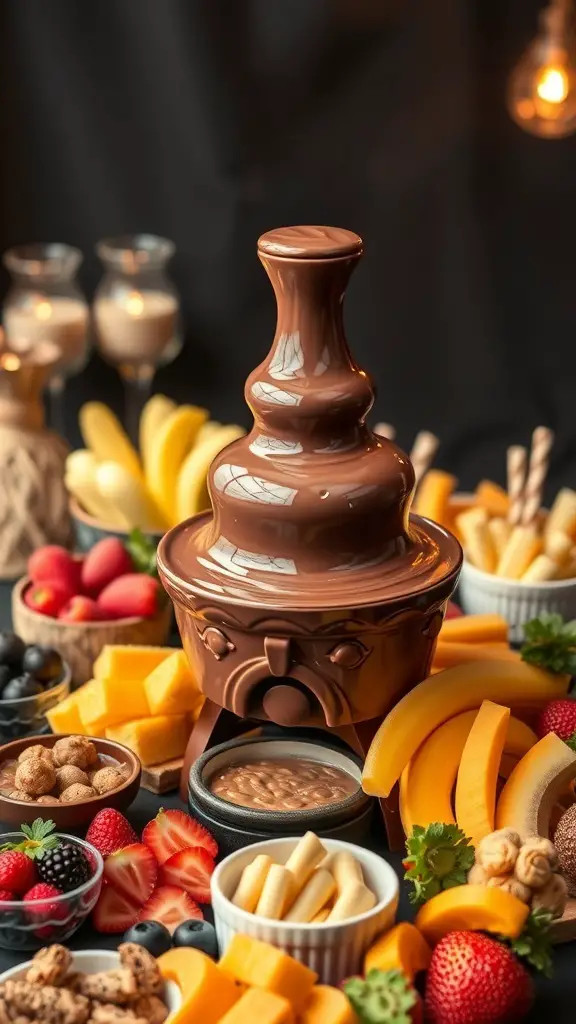 A chocolate fondue fountain surrounded by various dippables like fruits and cookies.