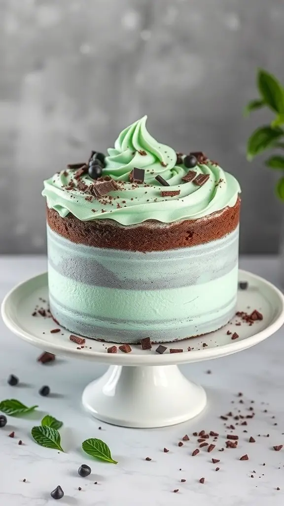 A beautifully layered Chocolate Mint Cake with mint frosting and chocolate shavings on top.