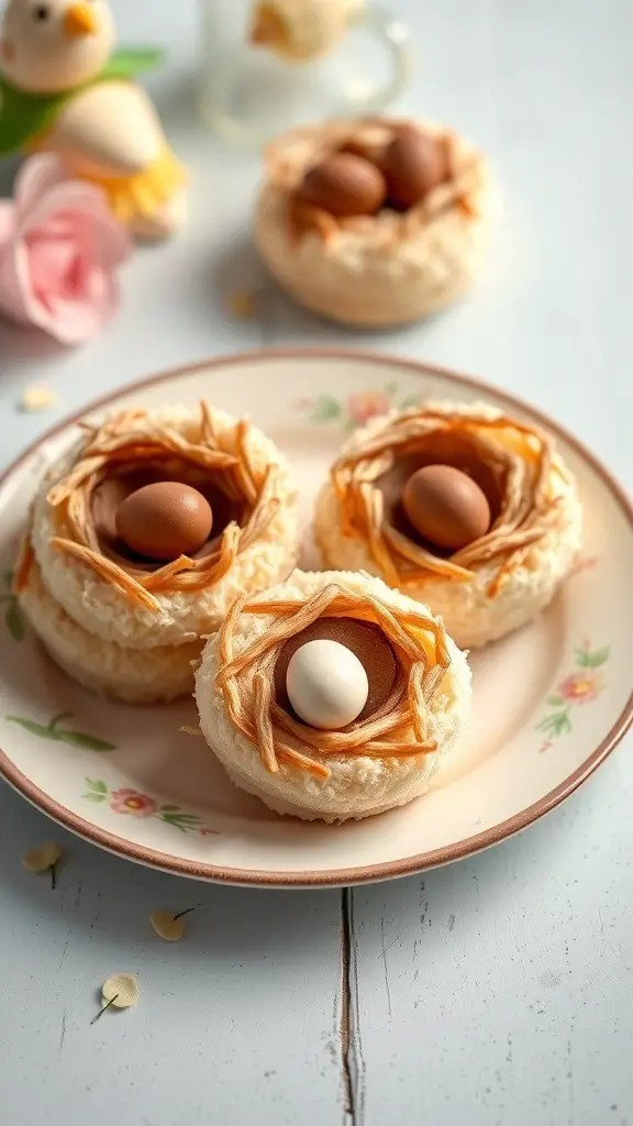 Plate of coconut macaroon nests decorated with chocolate eggs