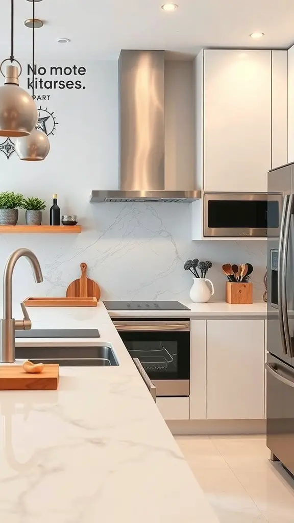 29+ Stunning Kitchen Countertop Decor Ideas 12 A modern kitchen featuring sleek stainless steel appliances and a minimalist design.