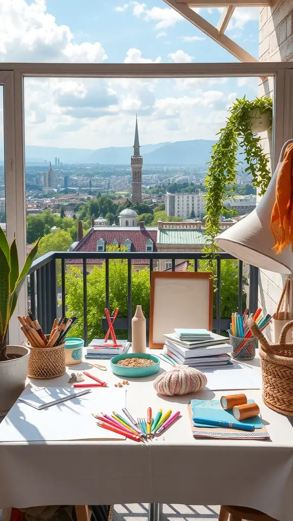 A bright balcony crafting station with colorful supplies, plants, and a scenic view.